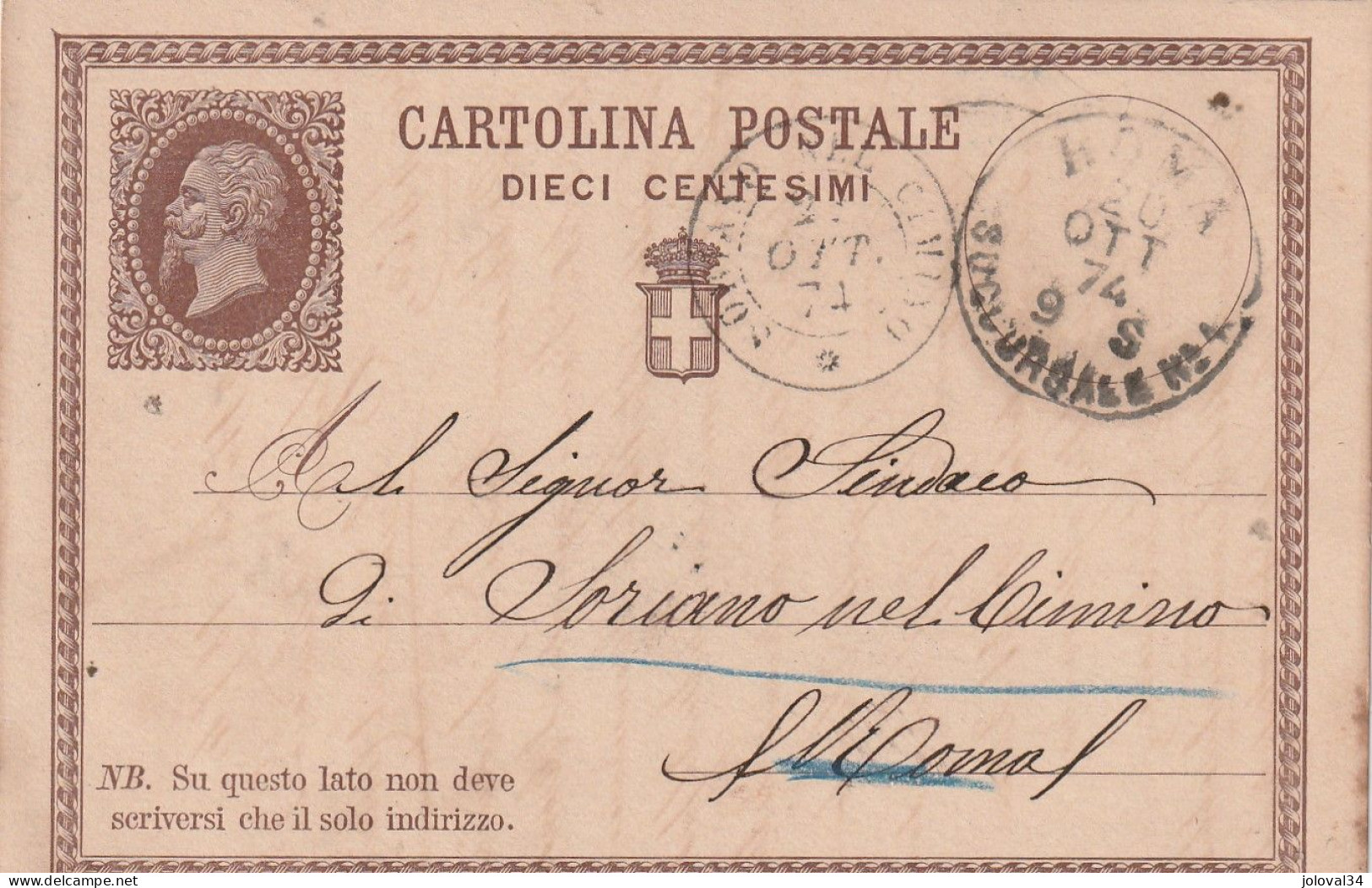 Italie Entier Postal Cachet Verso Officina Statistica  Direzione ROMA Succursale 1 20/10/1874 Pour Soriano Nel Cimino - Entero Postal