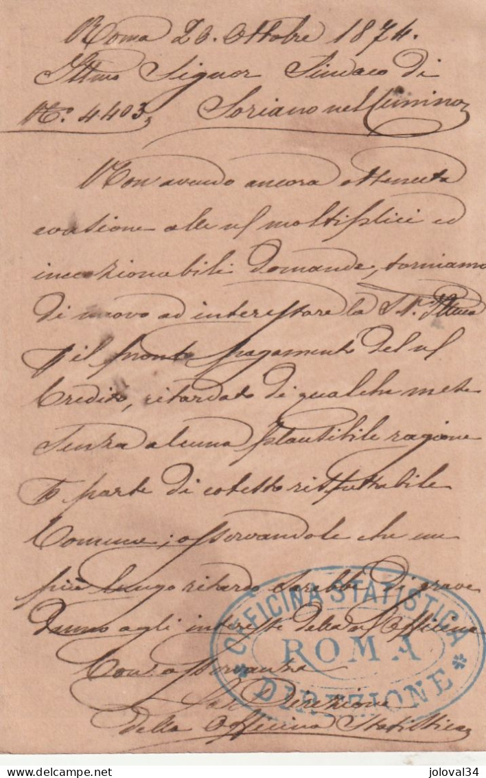 Italie Entier Postal Cachet Verso Officina Statistica  Direzione ROMA Succursale 1 20/10/1874 Pour Soriano Nel Cimino - Postwaardestukken