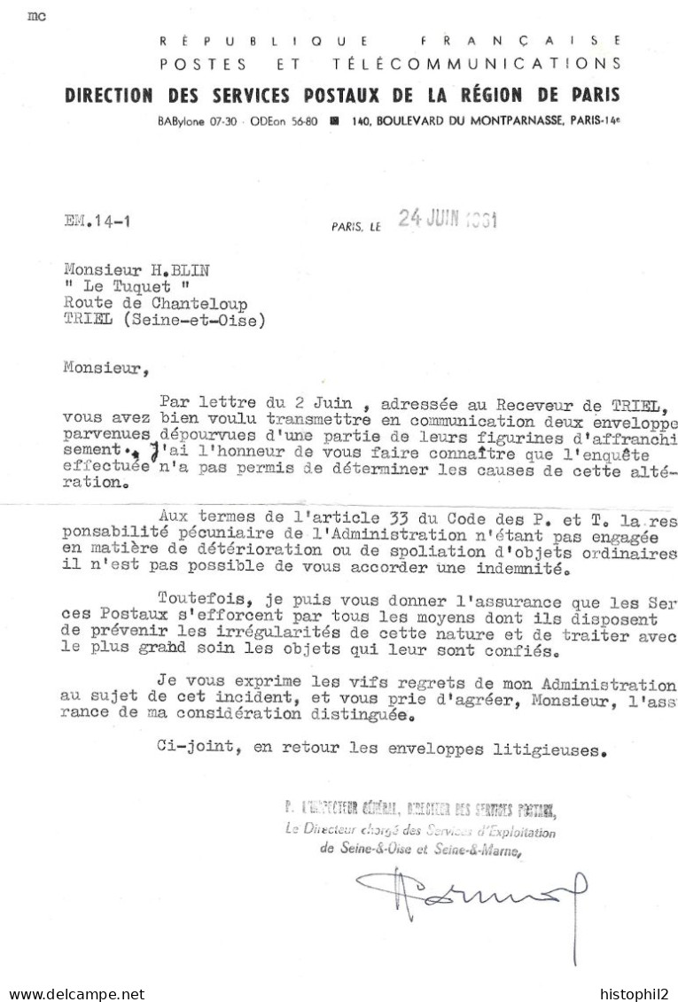 Bouniagues 2 Lettres Ordinaires Spoliées De Figurines Constat à Triel Le 1/6/1961 + Lettre De Refus D'indemnité Du 24/6 - Cartas Accidentadas