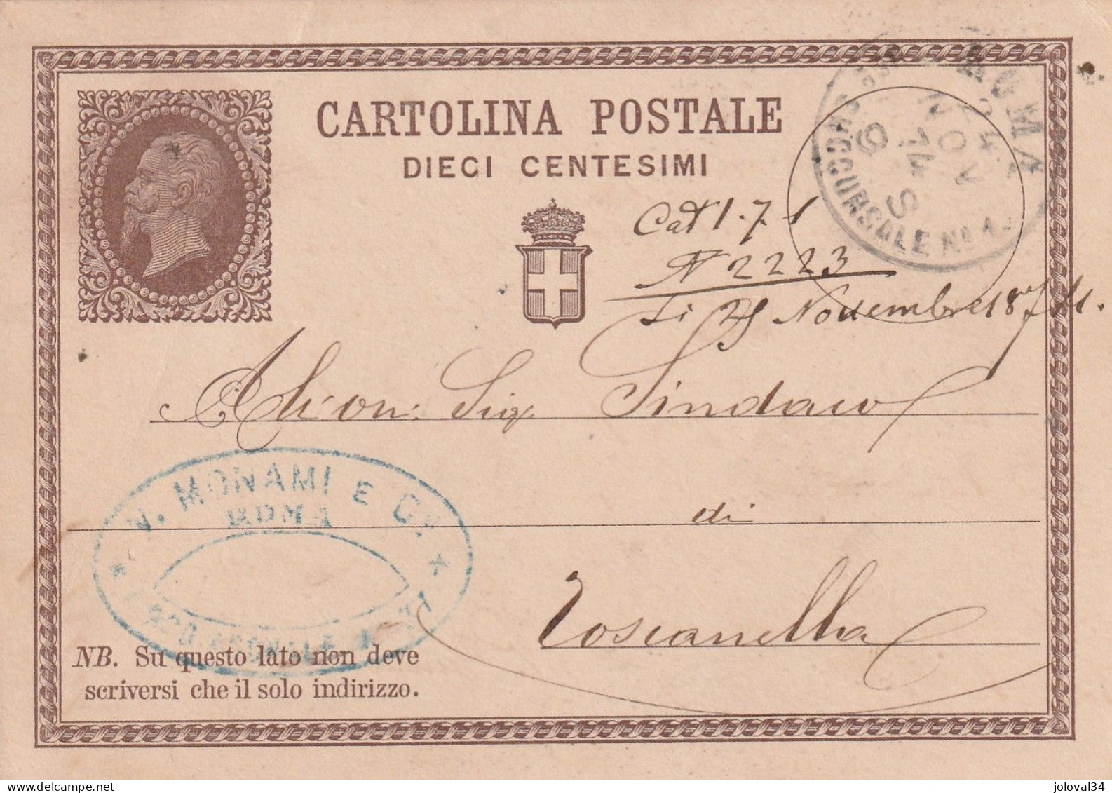 Italie Entier Postal Cachet Commercial Monami  ROMA UFo Succursale 1 -  24/11/1874 Pour Toscanella - Stamped Stationery