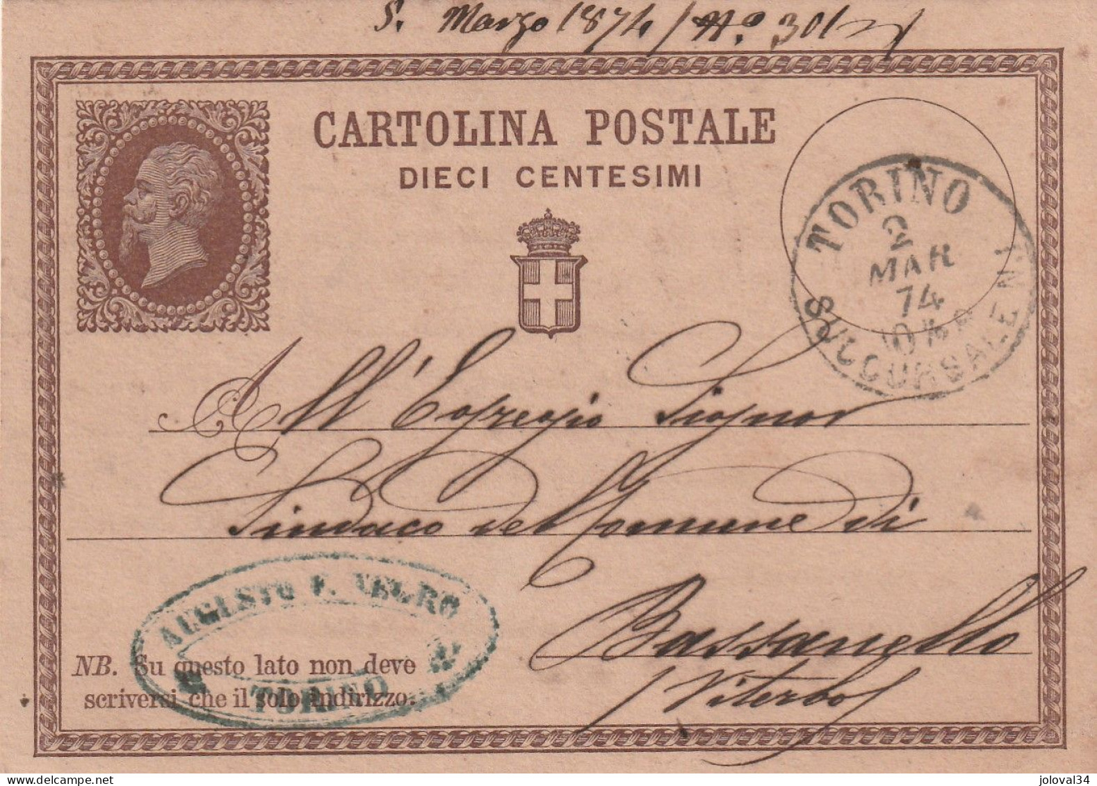 Italie Entier Postal Cachet Commercial Augusto Neoro TORINO Succursale 1 -  2/3/1874 Pour  Bassanello - Entiers Postaux