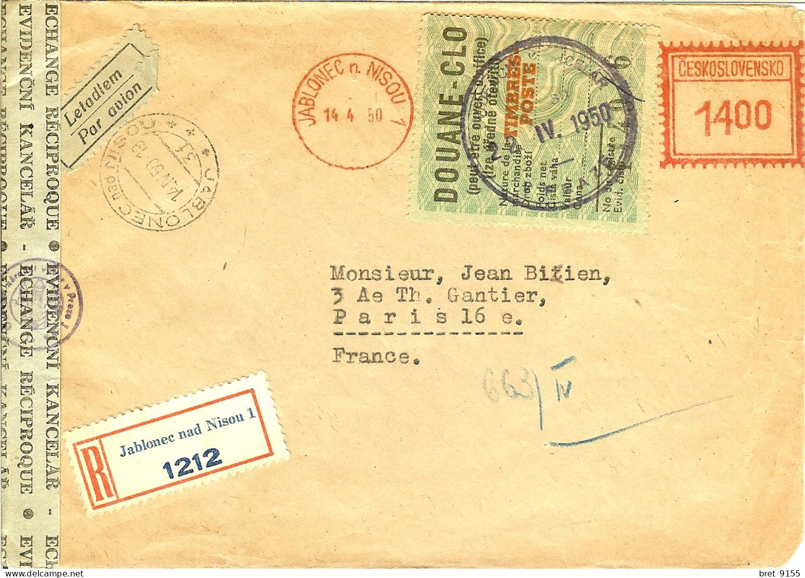 TCHECOSLOVAQUIE JABLONEC NISOU TIMBRE ENTIER 1400 TIMBRE DOUANE CLO PEUT ETRE OUVERT D OFFICE RECOMMANDE PAR AVION - Cartas & Documentos