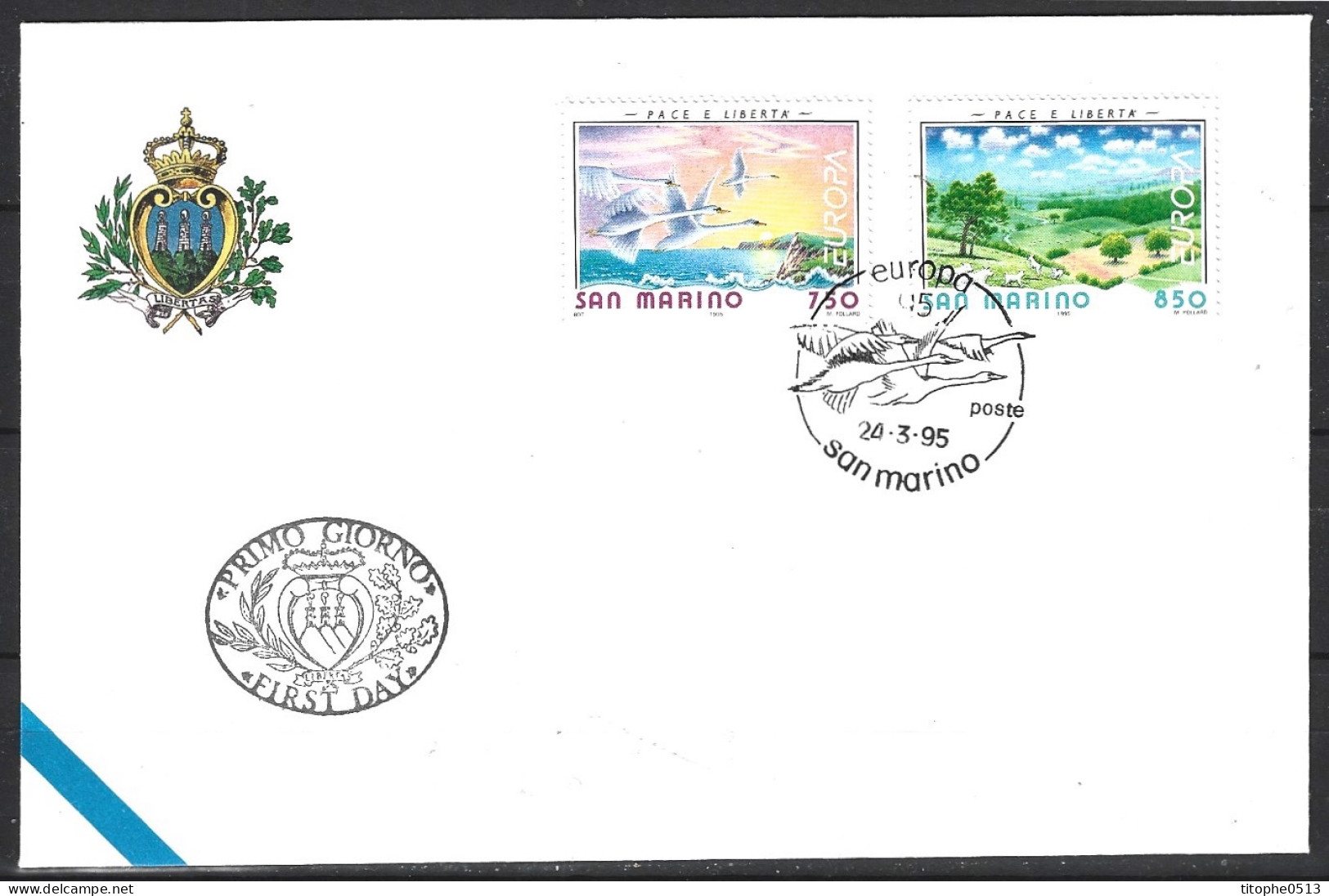 SAINT-MARIN. N°1396-7 Sur Enveloppe 1er Jour (FDC) De 1995. Cygne/Europa'95. - Zwanen