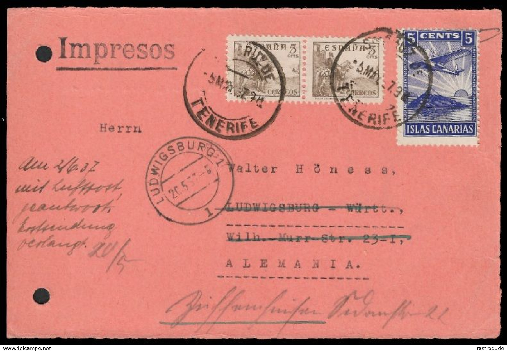 1937 SPAIN CANARY ISLANDS 5C AIRMAIL VIGNETTE ON PRINTED MATTER TO GERMANY - Cartas & Documentos