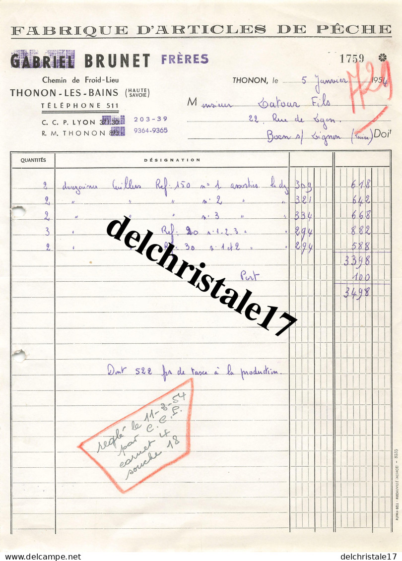 74 0006 THONON-LES-BAINS HTE SAVOIE 1954 Articles De Pêche BRUNET Frères Chemin De Froid-Lieu à M. LATOUR - Vissen