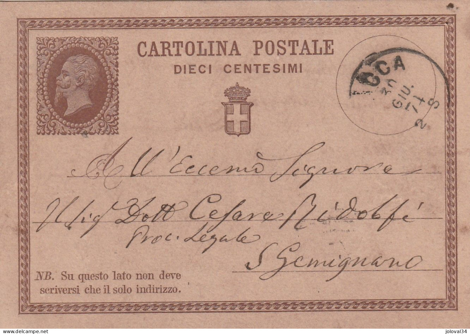 Italie Entier Postal LUCCA 30/7/1874 Pour S Gemignano - Entero Postal