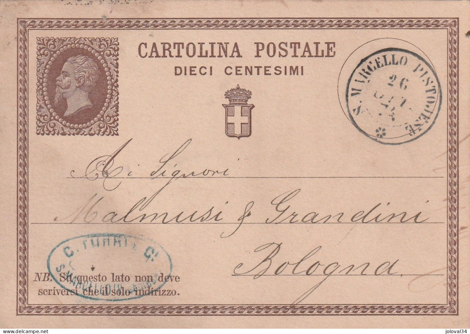 Italie Entier Postal Cachet Commercial Turri S MARCELLO PISTONESE 26/10/1874 Pour Bologna - Postwaardestukken