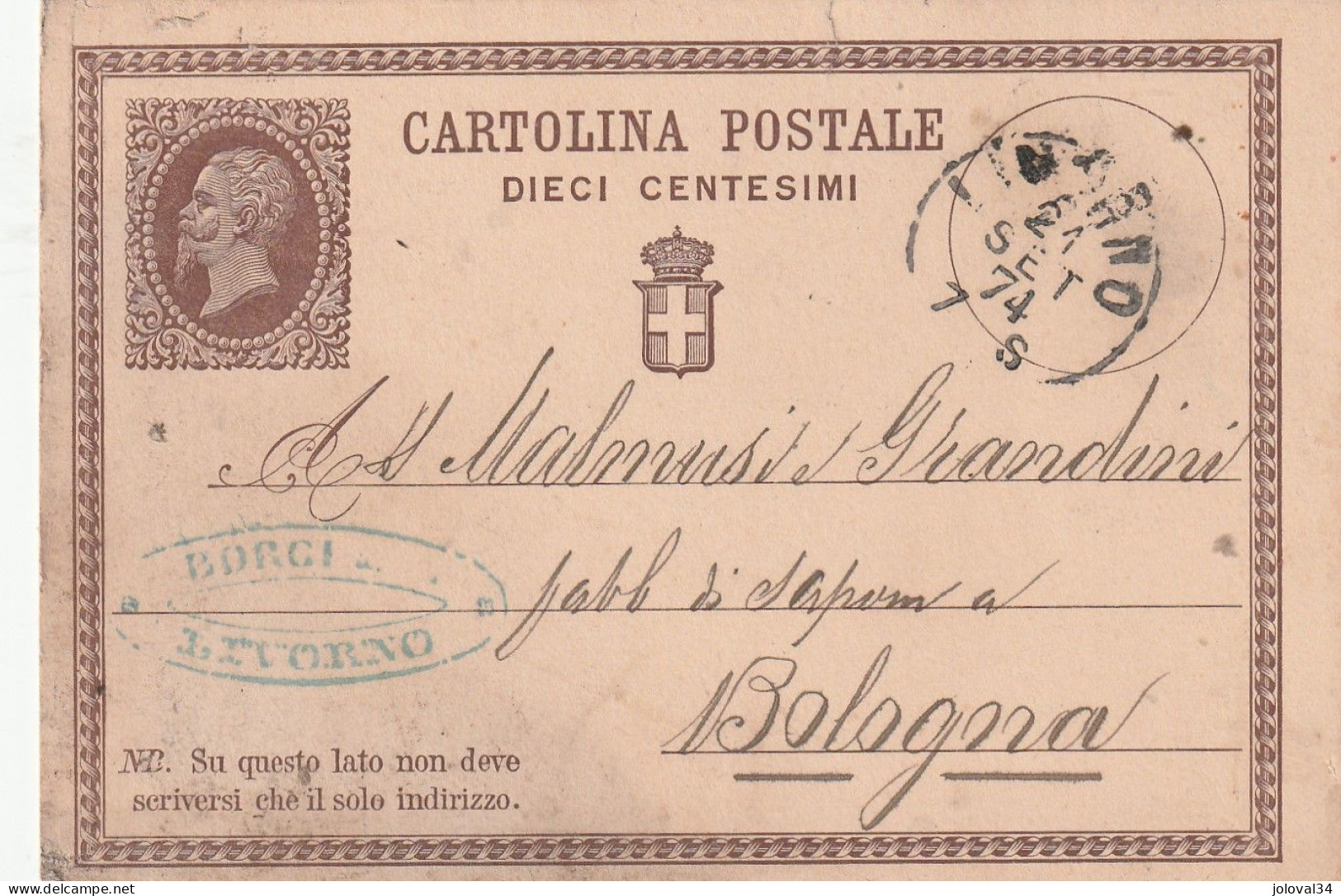 Italie Entier Postal  Cachet Commercial Borgi LIVORNO 24/9/1874 Pour Bologna - Entiers Postaux