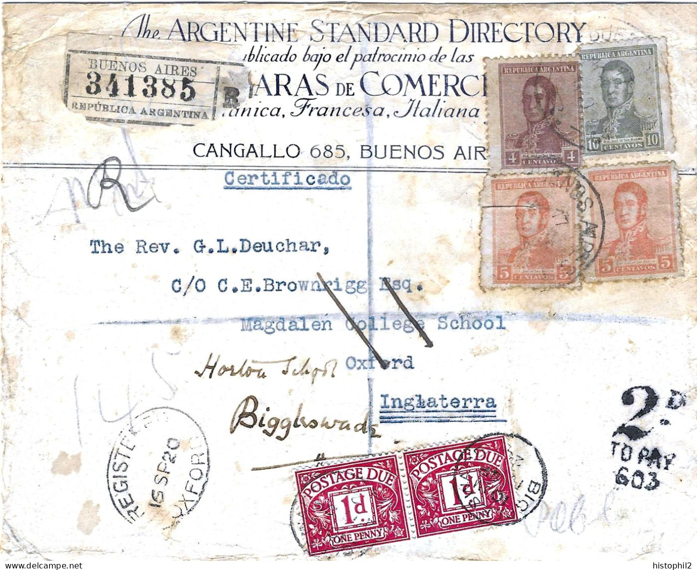 LR Buenos Aires Argentine Pour Oxford Angleterre 17/8/1920 Réexpédiée Et Taxée 2d Biggleswade 17/9/1920 - Storia Postale