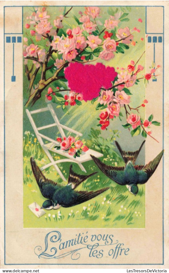 FANTAISIES -L'amitié Vous Les Offre Oiseaux - Fleurs - Colorisé - Carte Postale Ancienne - Animales Vestidos