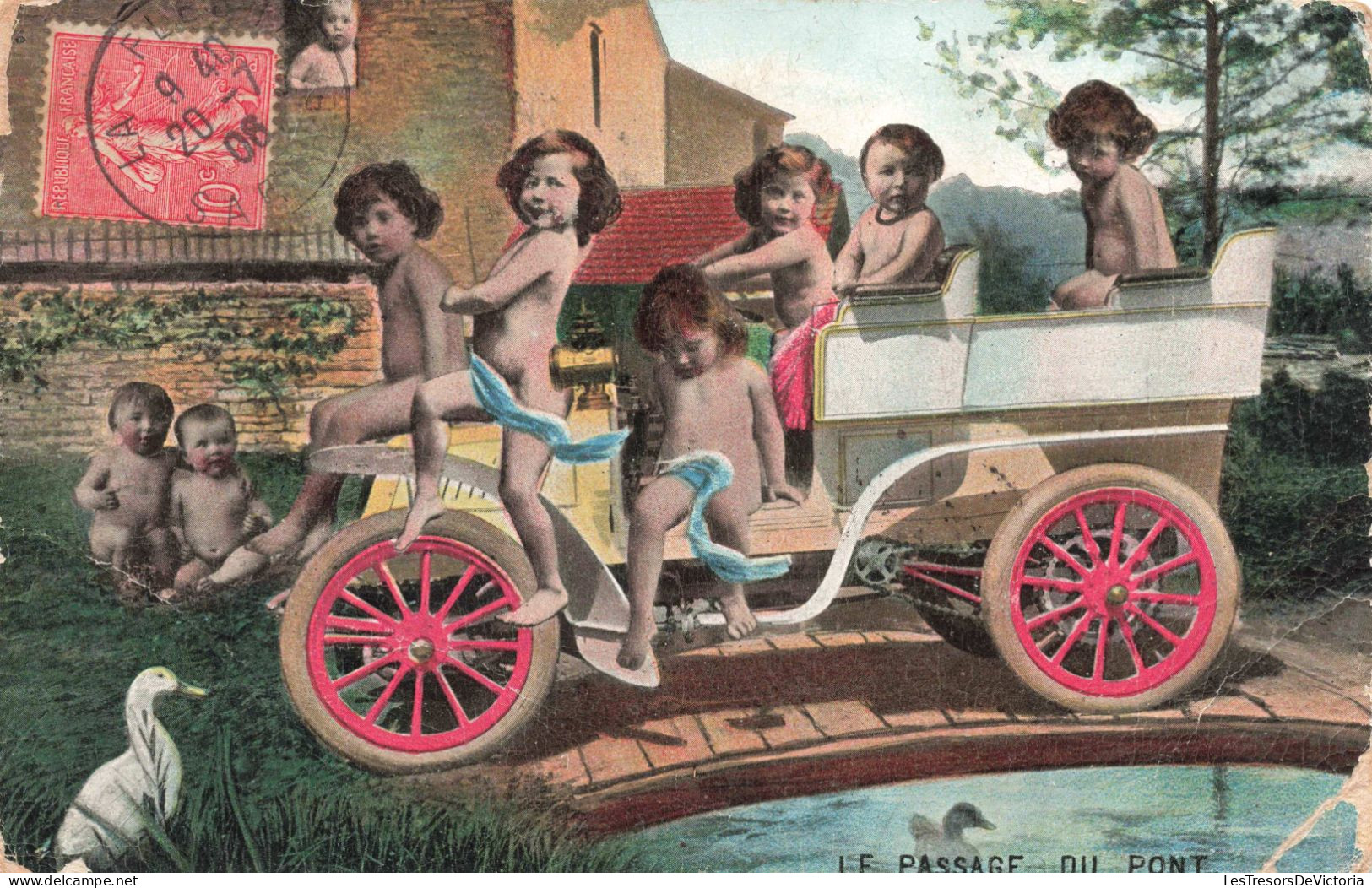 ENFANTS - Dessins D'enfants - Groupes D'enfants Jouant à La Charrette  - Colorisé - Carte Postale Ancienne - Dessins D'enfants