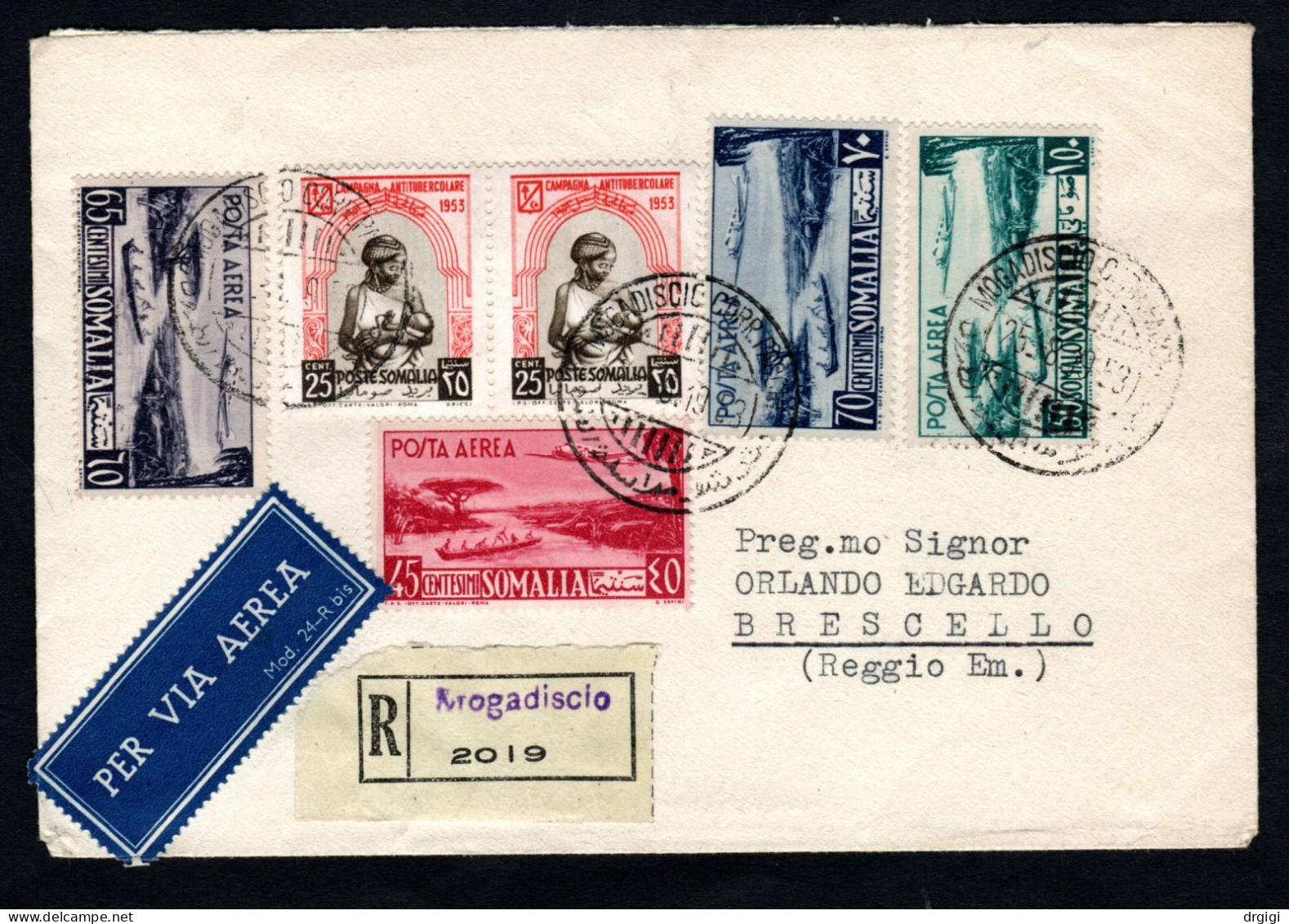 Somalia AFIS , BUSTA VIAGGIATA 1953, MOGADISCIO PER BRESCELLO (RE) - Somalia (AFIS)