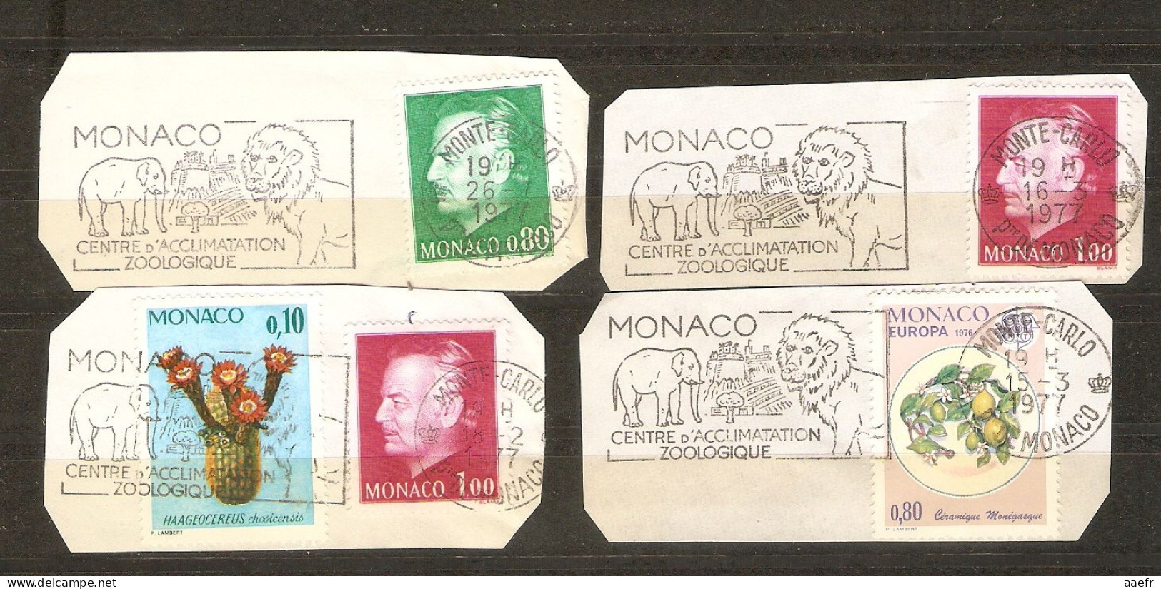 Monaco 1977 - Petit Lot De 4 Flammes "Monaco - Centre D'acclimatation Zoologique" Sur Fragments - 5 Timbres Différents - Usados