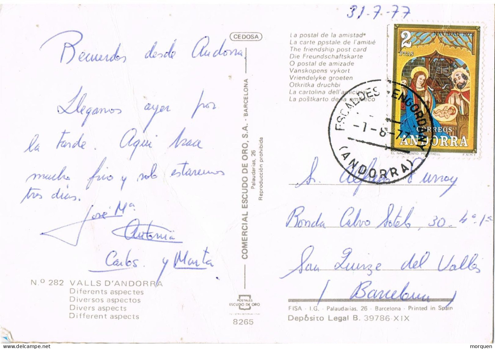 51741. Postal ESCALDES ENGOIRDANY (Andorra Española) 1977. Vistas Varias Andorra - Lettres & Documents