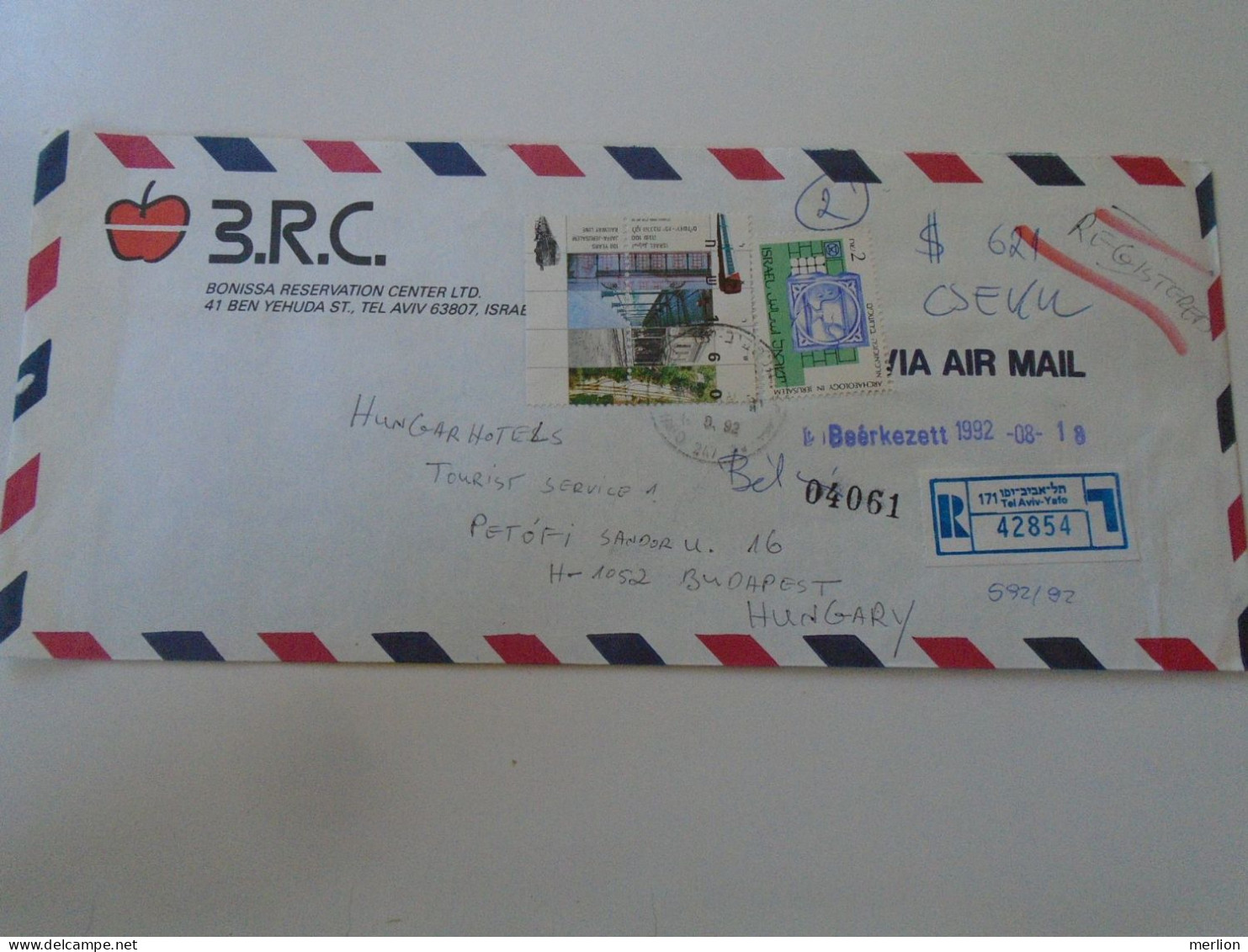 D198277   Israel   Registered Cover  Ca 1992  - Tel Aviv -Yafo    Sent To Hungary - Lettres & Documents