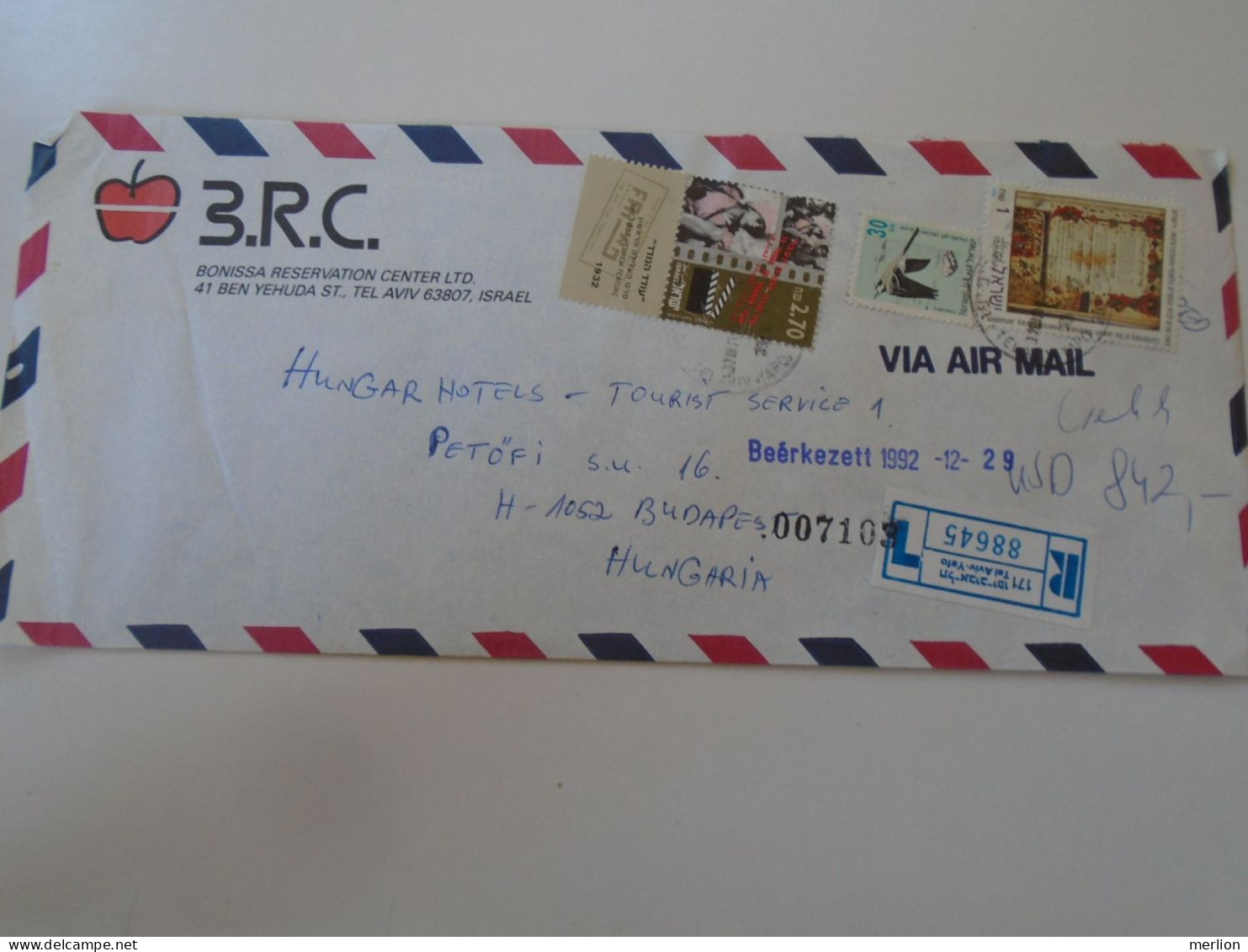 D198278  Israel   Registered Cover  Ca 1992  - Tel Aviv -Yafo    Sent To Hungary - Brieven En Documenten