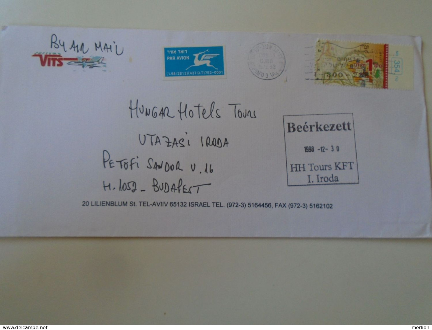 D198283 Israel  Airmail  Cover  Ca 1998 - Tel Aviv -Yafo    Sent To Hungary - Lettres & Documents