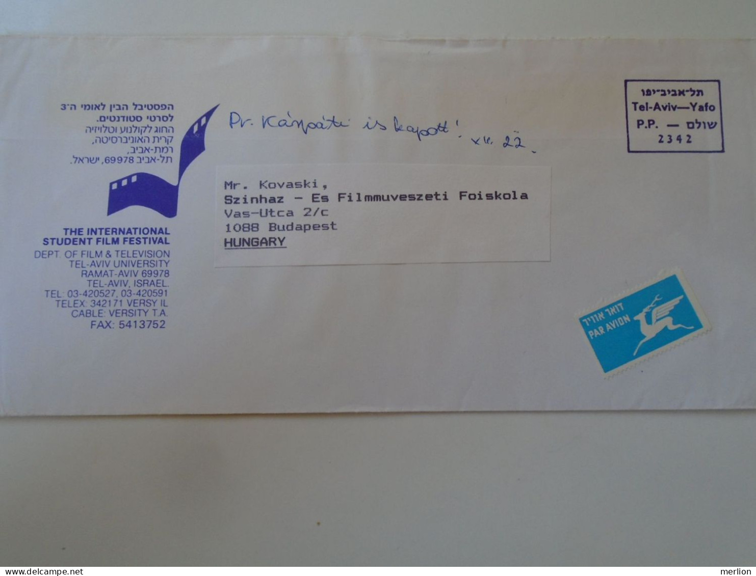 D198286  Israel  Airmail  Cover  Ca 1999 - Tel Aviv -Yafo  P.P.  Pre Paid Machine Stamp  Sent To Hungary - Lettres & Documents