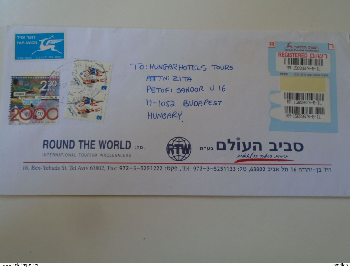 D198287  Israel  Registered Airmail  Cover  2001  - Tel Aviv -Yafo    Sent To Hungary Stamp Volley - Brieven En Documenten