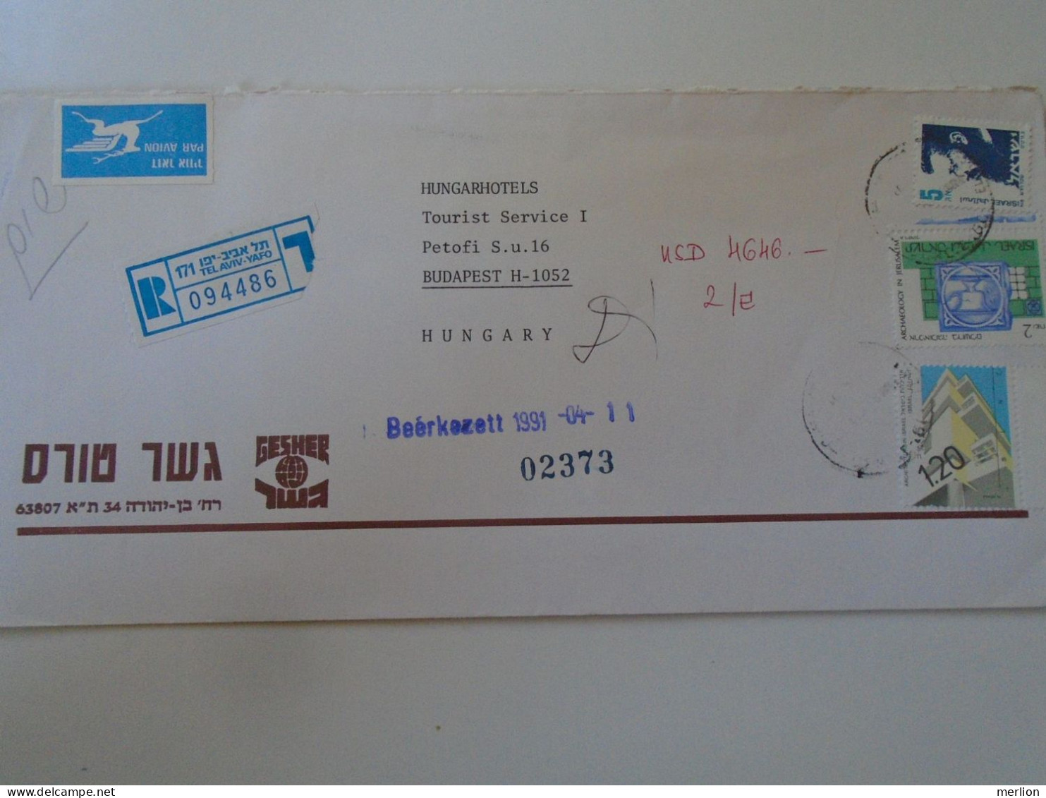 D198288  Israel  Registered Airmail  Cover 1991 - Tel Aviv -Yafo    Sent To Hungary - Covers & Documents