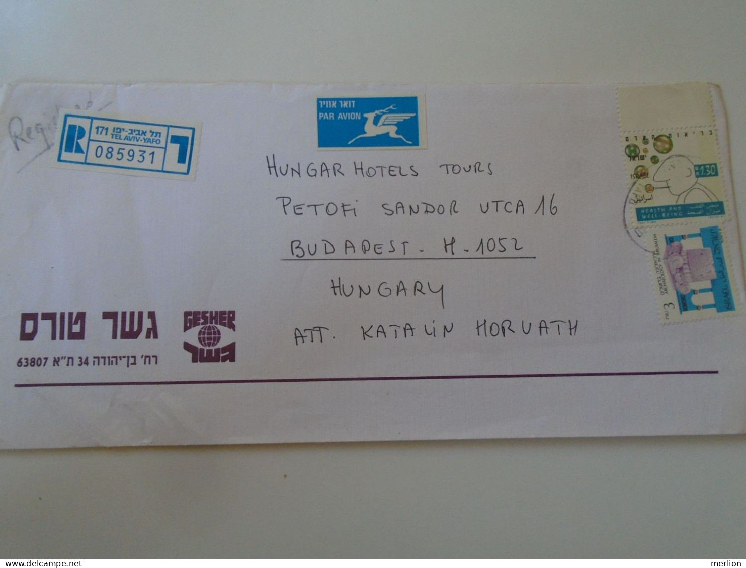 D198290  Israel  Registered   Airmail  Cover   Ca 1992 - Tel Aviv -Yafo    Sent To Hungary - Brieven En Documenten