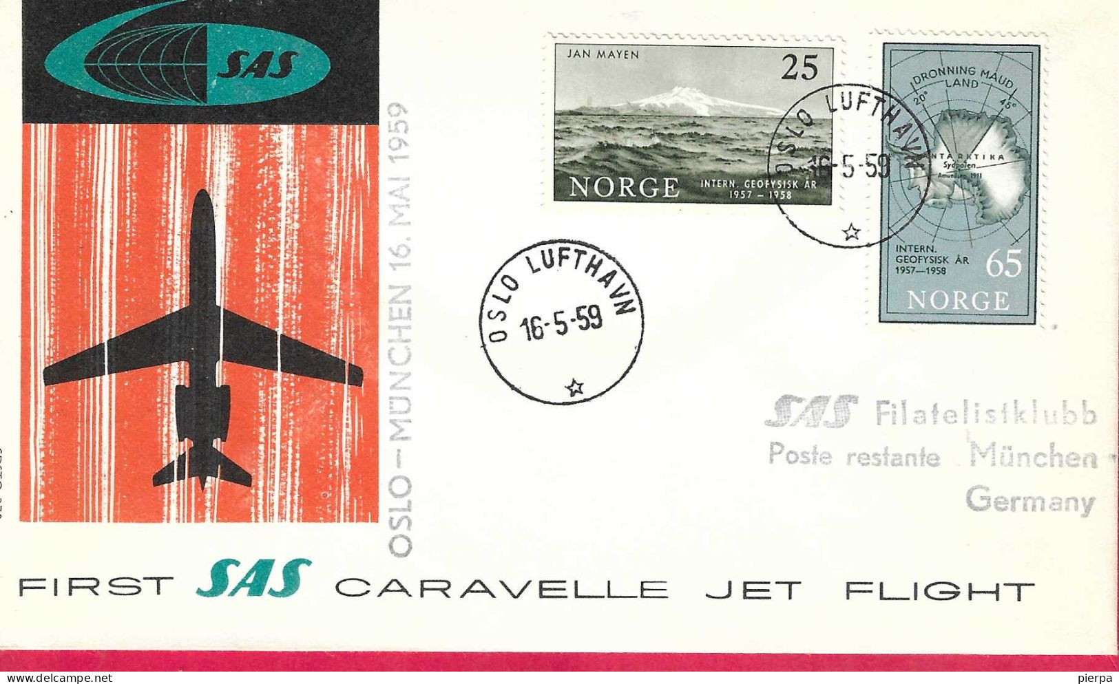 NORGE - FIRST CARAVELLE FLIGHT SAS FROM OSLO TO MUNICH *16.5.59* ON OFFICIAL COVER - Lettres & Documents