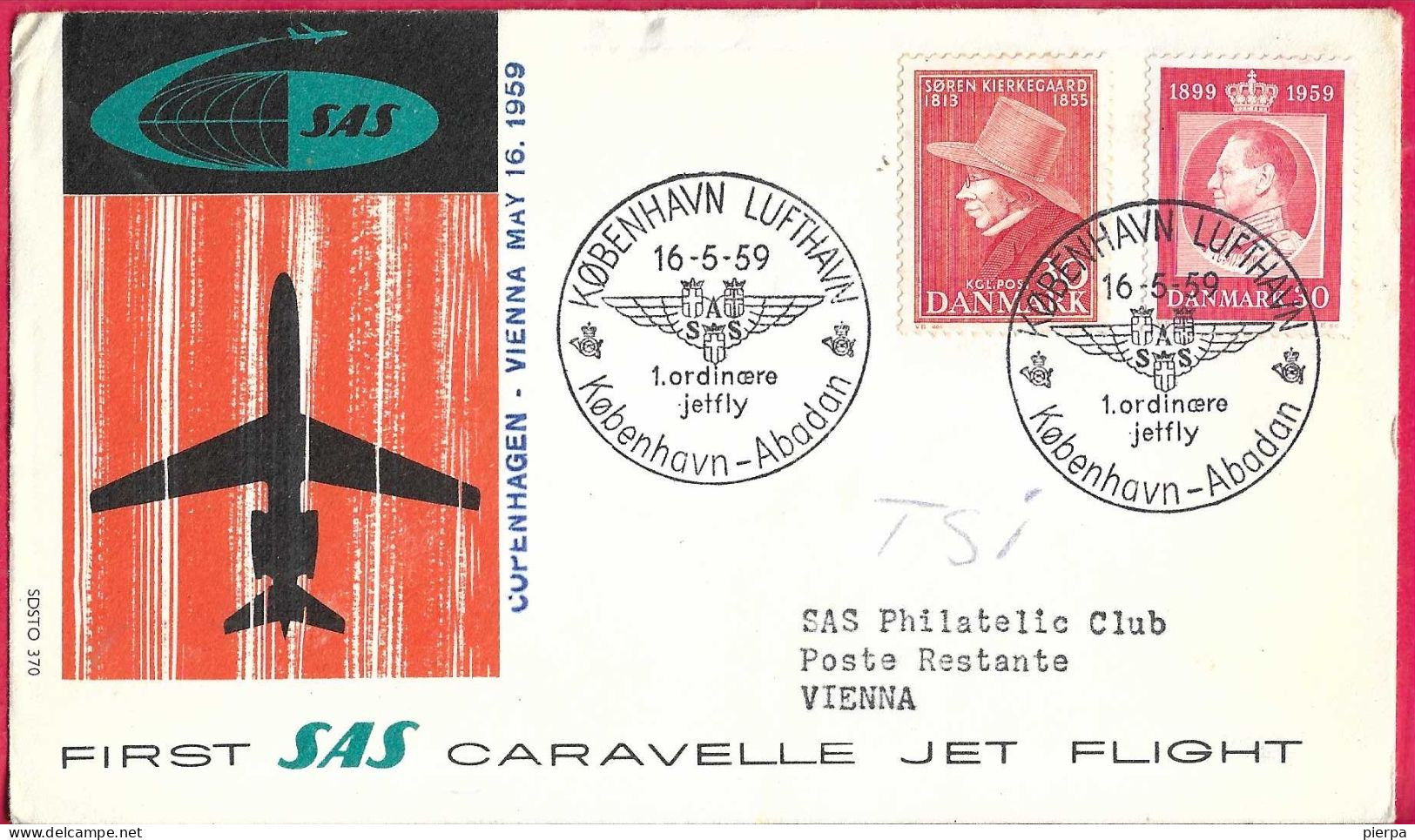 DANMARK - FIRST CARAVELLE FLIGHT - SAS - FROM KOBENHAVN TO WIEN *16.5.59* ON OFFICIAL COVER - Poste Aérienne