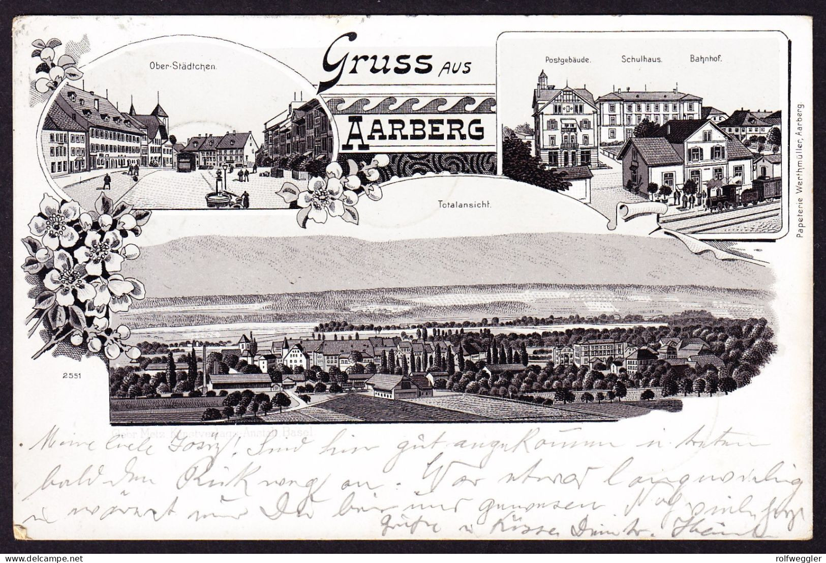 1900 Gelaufene Litho AK: Gruss Aus Aarberg. 3 Bildrig Mit Bahnhof Und Post. Rückseitig Leicht Fleckig. Bahnstempel. - Aarberg