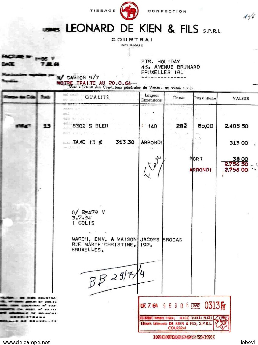 COURTRAI Usines LEONARD DE KIEN & FILS – Facture (1964) - 1950 - ...
