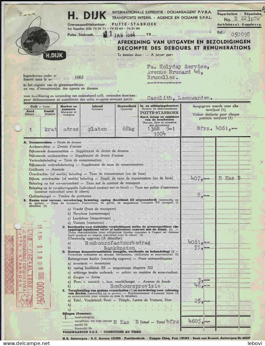 PUTTE  Ets. H. DIJK Transports Internationaux  – Lot De 3 Documents Commerciaux (1964) - 1950 - ...