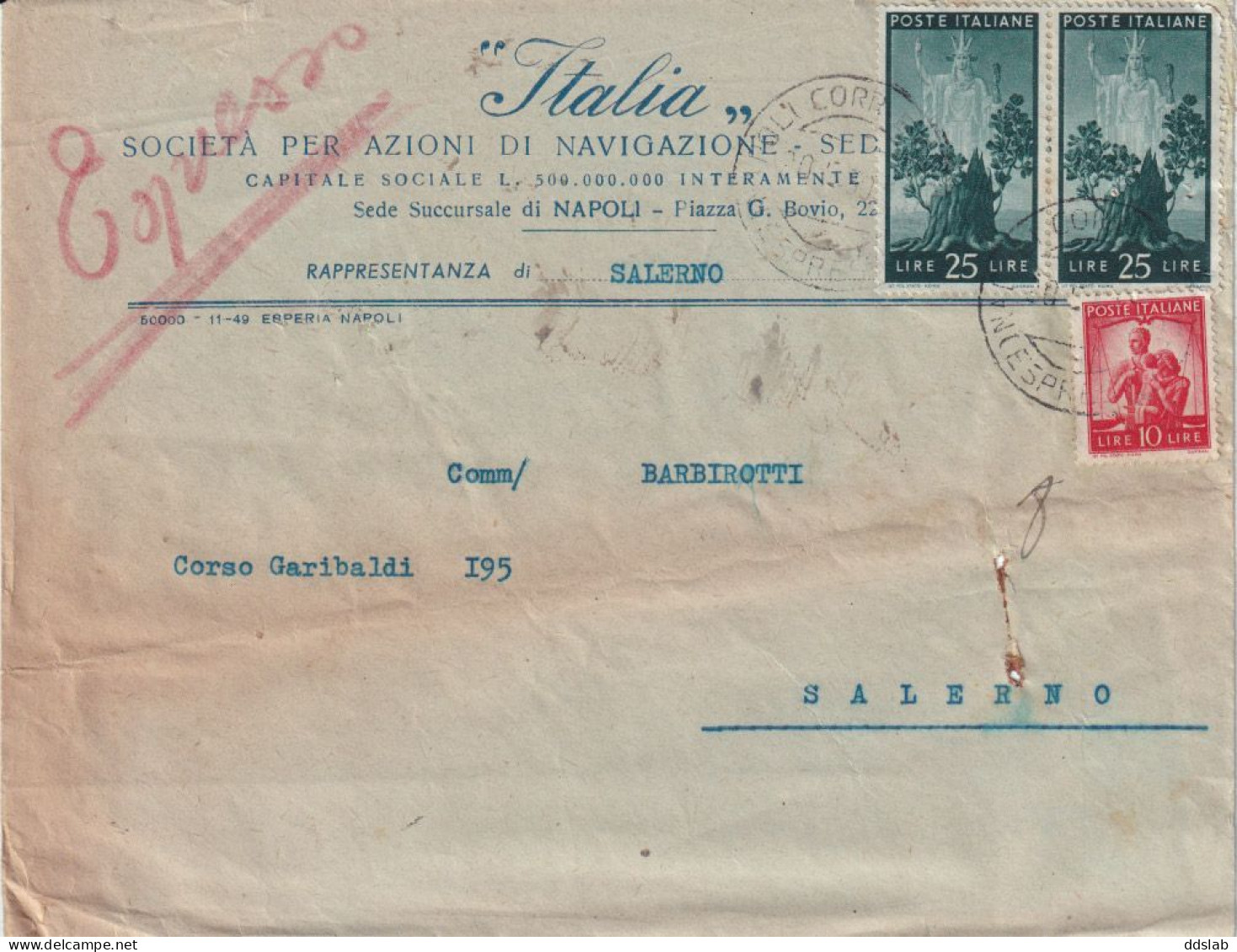 20/5/1950 - Espresso Da Italia Società Navigazione Napoli Per Salerno - Affr. 2 X 25L + 10L Democratica - Correo Urgente/neumático