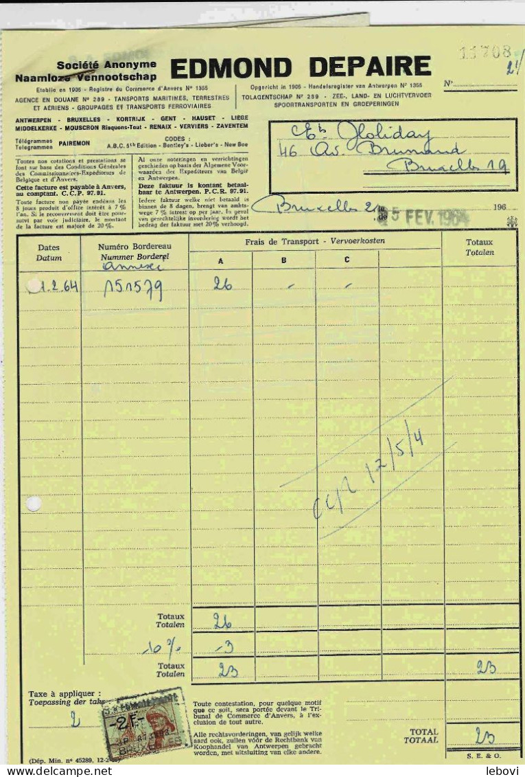 ANTWERPEEN SA Ed. DEPAIRE – Agence En Douane – Facture (1964) - 1950 - ...