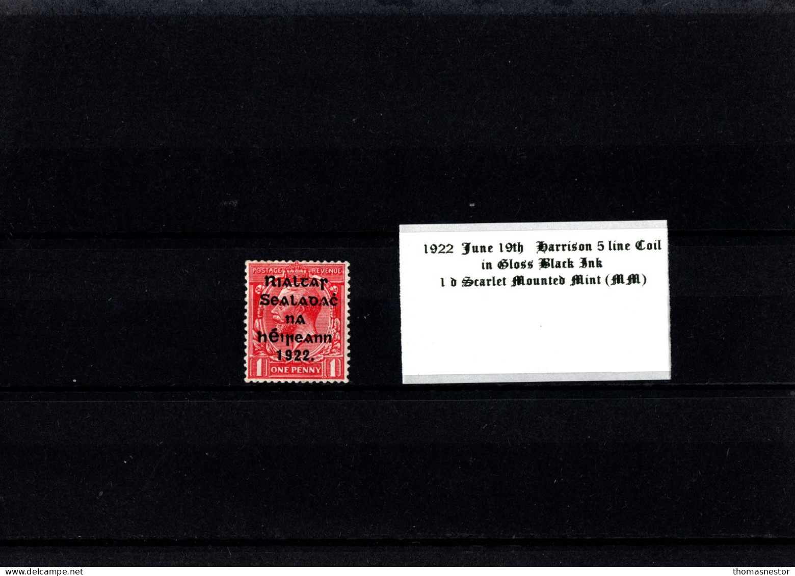 1922 June 19th Harrison Coil 5 Line Overprint  Gloss Black Ink 1 D Scarlet Mounted Mint (MM) - Ungebraucht