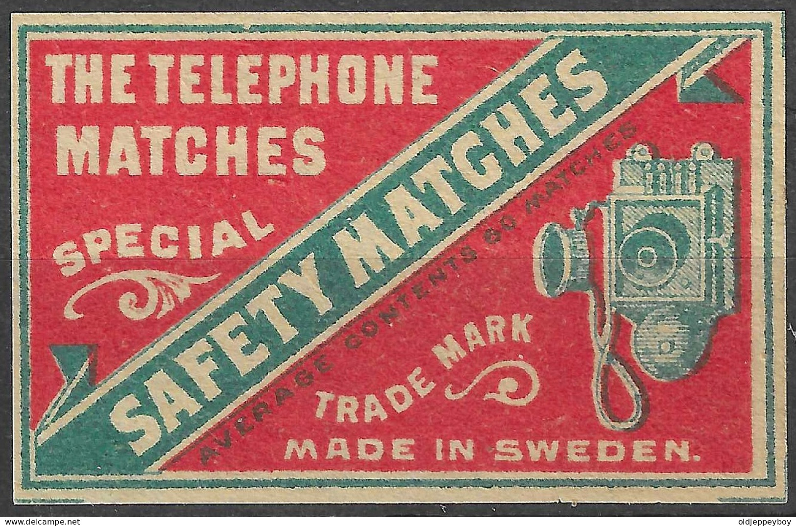 MADE IN SWEDEN VINTAGE Phillumeny MATCHBOX LABEL THE TELEPHONE MATCHES   5.5  X 3.5 CM - Boites D'allumettes - Etiquettes