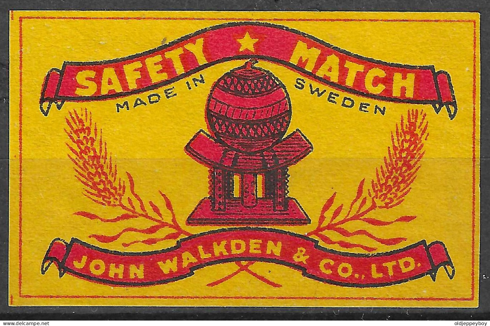 MADE IN SWEDEN VINTAGE Phillumeny MATCHBOX LABEL AOP JOHN WALKDEN & CO. LTD MONUMENT 5.5  X 3.5 CM - Zündholzschachteletiketten