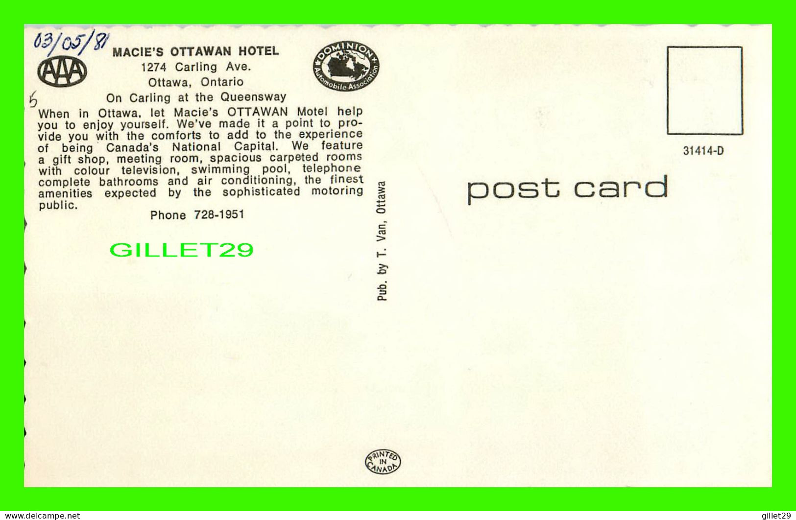 OTTAWA, ONTARIO - MACIE'S OTTAWAN MOTEL LIMITED - 4 MULTIVUES - PUB. BY T. VAN - ÉCRITE EN 1981 - - Ottawa