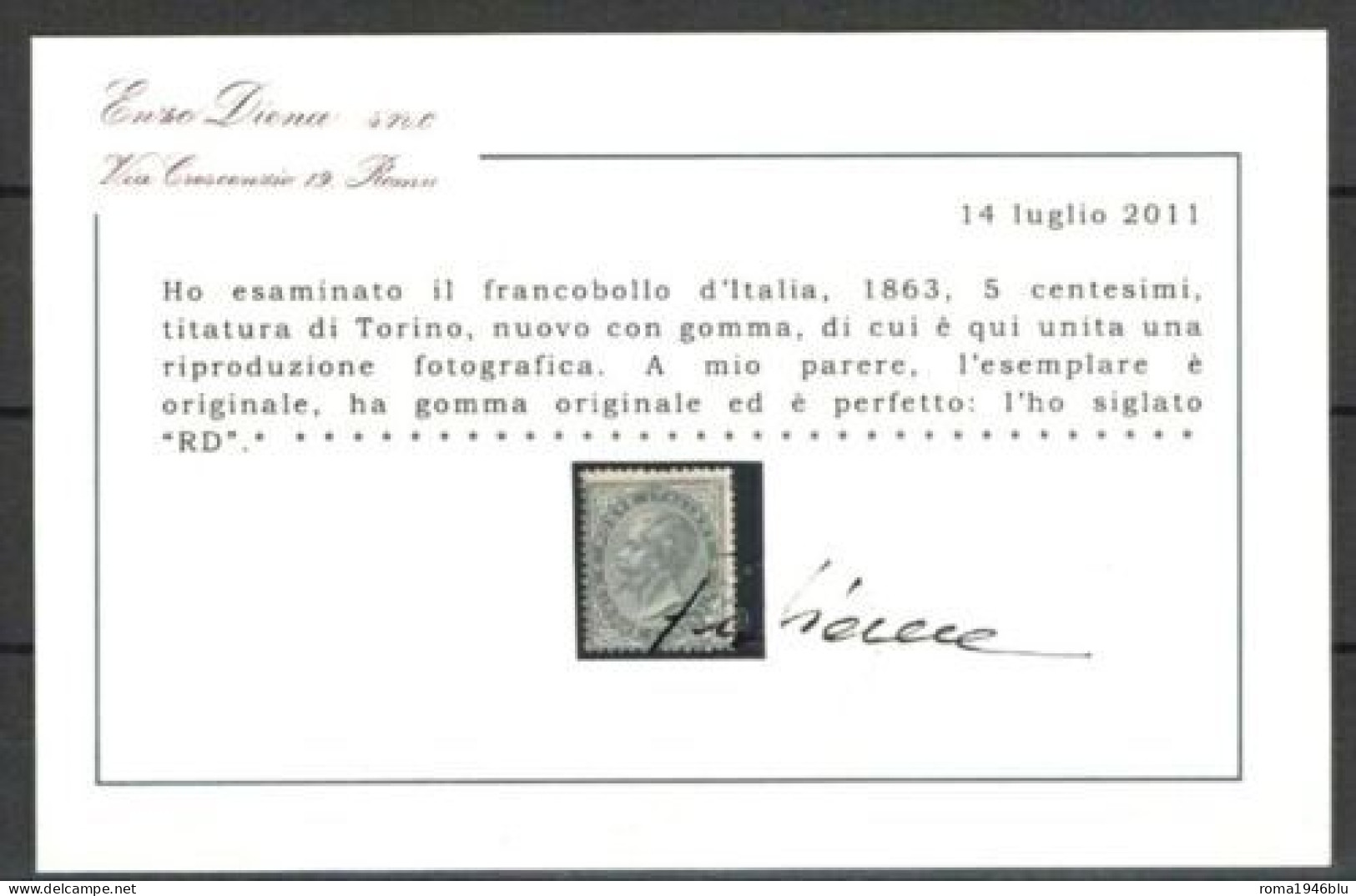 REGNO 1863 5 C. TIRATURA DI TORINO T16 * GOMMA ORIGINALE CERT. DIENA - Nuovi