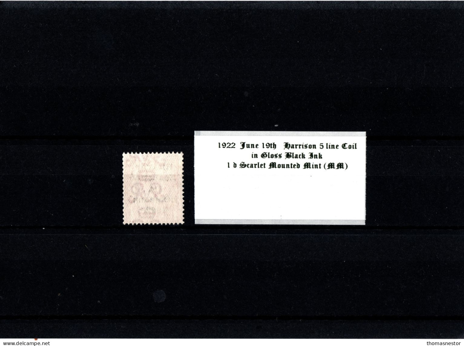 1922 June 19th Harrison Coil 5 Line Overprint  Gloss Black Ink 1 D Scarlet Mounted Mint (MM) - Ungebraucht