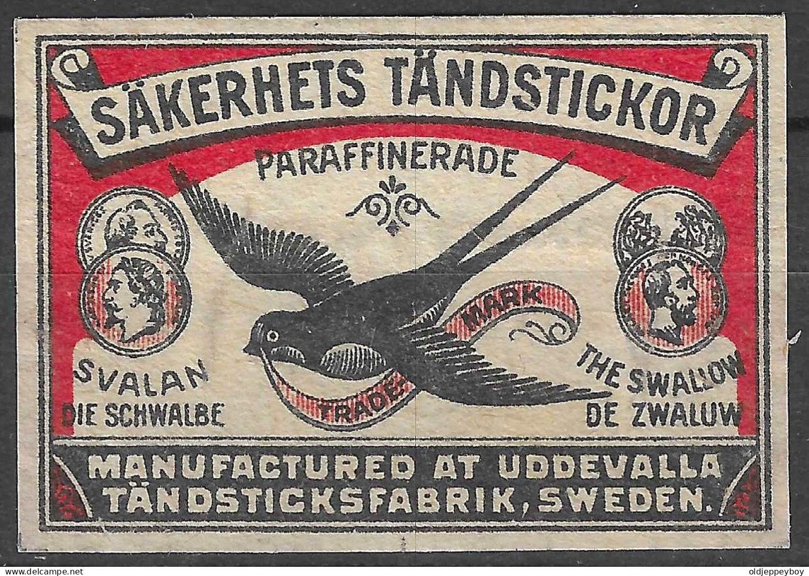 MADE AT UDDEVALLA TANDSTICKSFABRIK SWEDEN VINTAGE Phillumeny MATCHBOX LABELSAKERHETS TANDSTICKOR THE SWALLOW DE ZWALUW - Luciferdozen - Etiketten