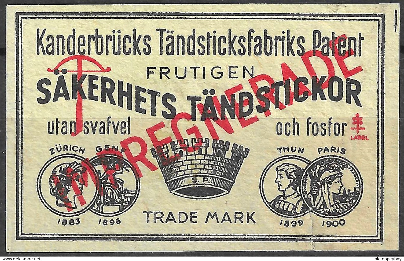 SWEDEN C1900 SAKERHETS TANDSTICKOR FRUTIGEN VINTAGE Phillumeny MATCHBOX LABEL KANDERBRUCKS TANDSTICKSFABRIK PATENT  - Matchbox Labels