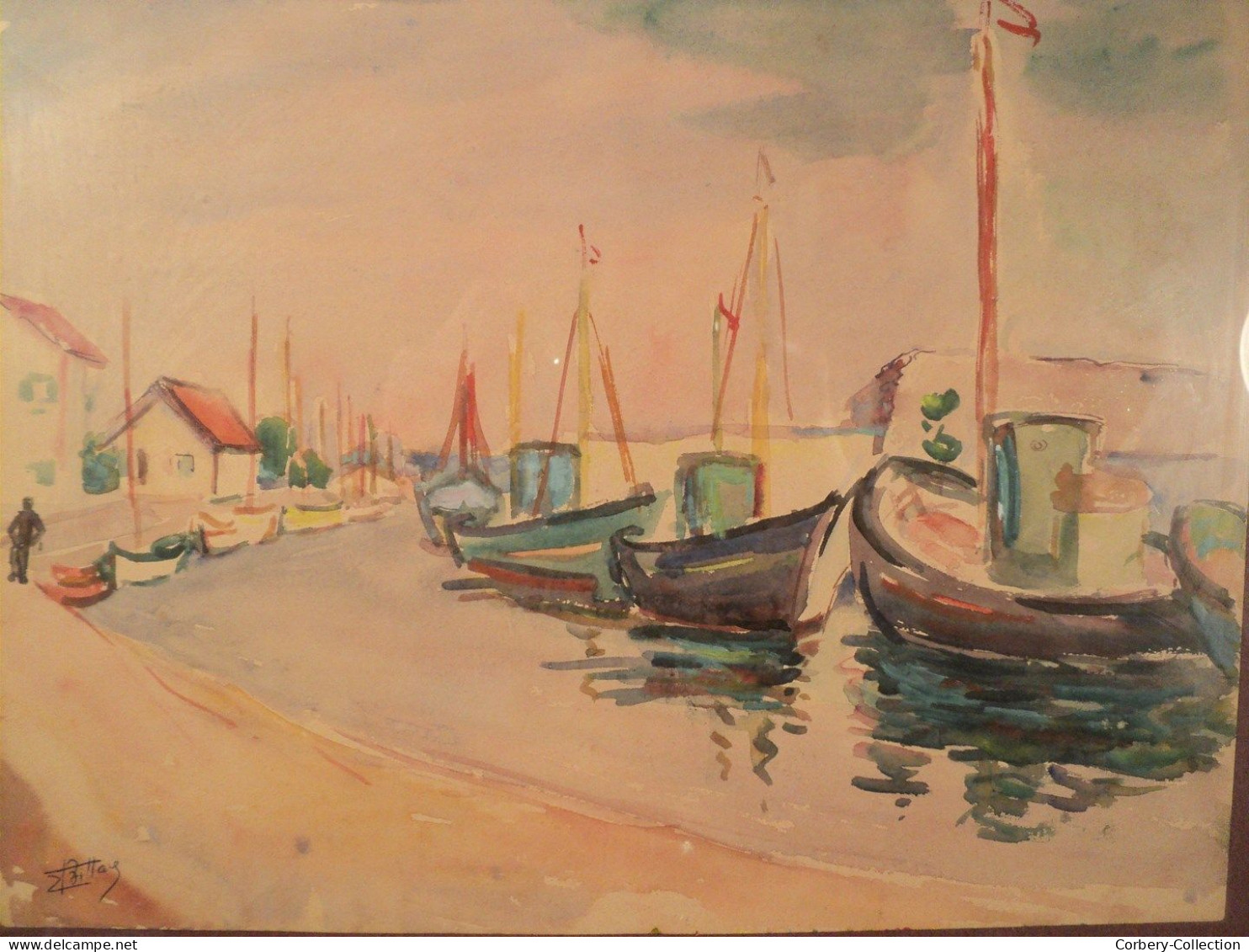 Tableau Aquarelle Marine Port Signée E. Bittay - Acquarelli