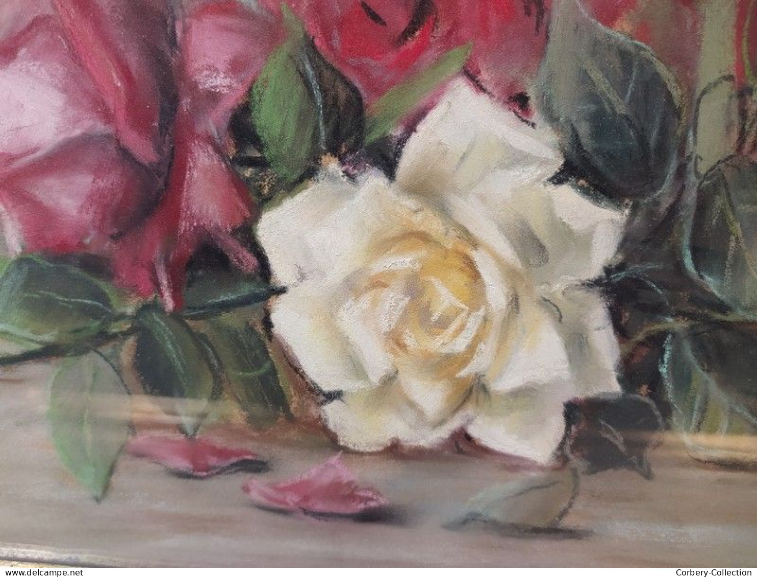 OLGA DE TESSELSKY Tableau Pastel Fleurs Roses Nature Morte Peintre Russe - Acquarelli