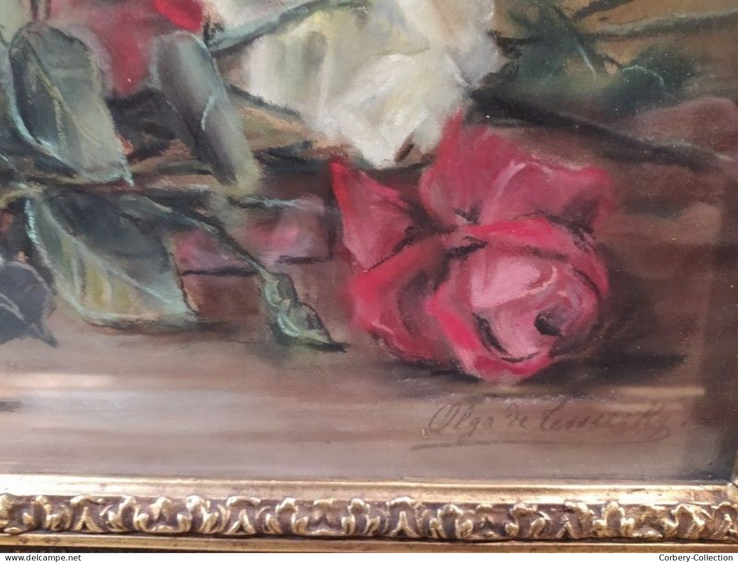 OLGA DE TESSELSKY Tableau Pastel Fleurs Roses Nature Morte Peintre Russe