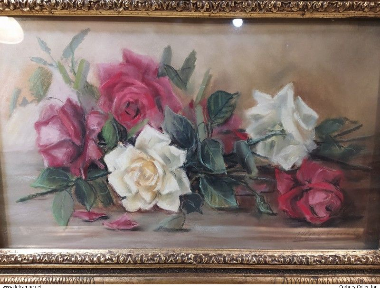 OLGA DE TESSELSKY Tableau Pastel Fleurs Roses Nature Morte Peintre Russe