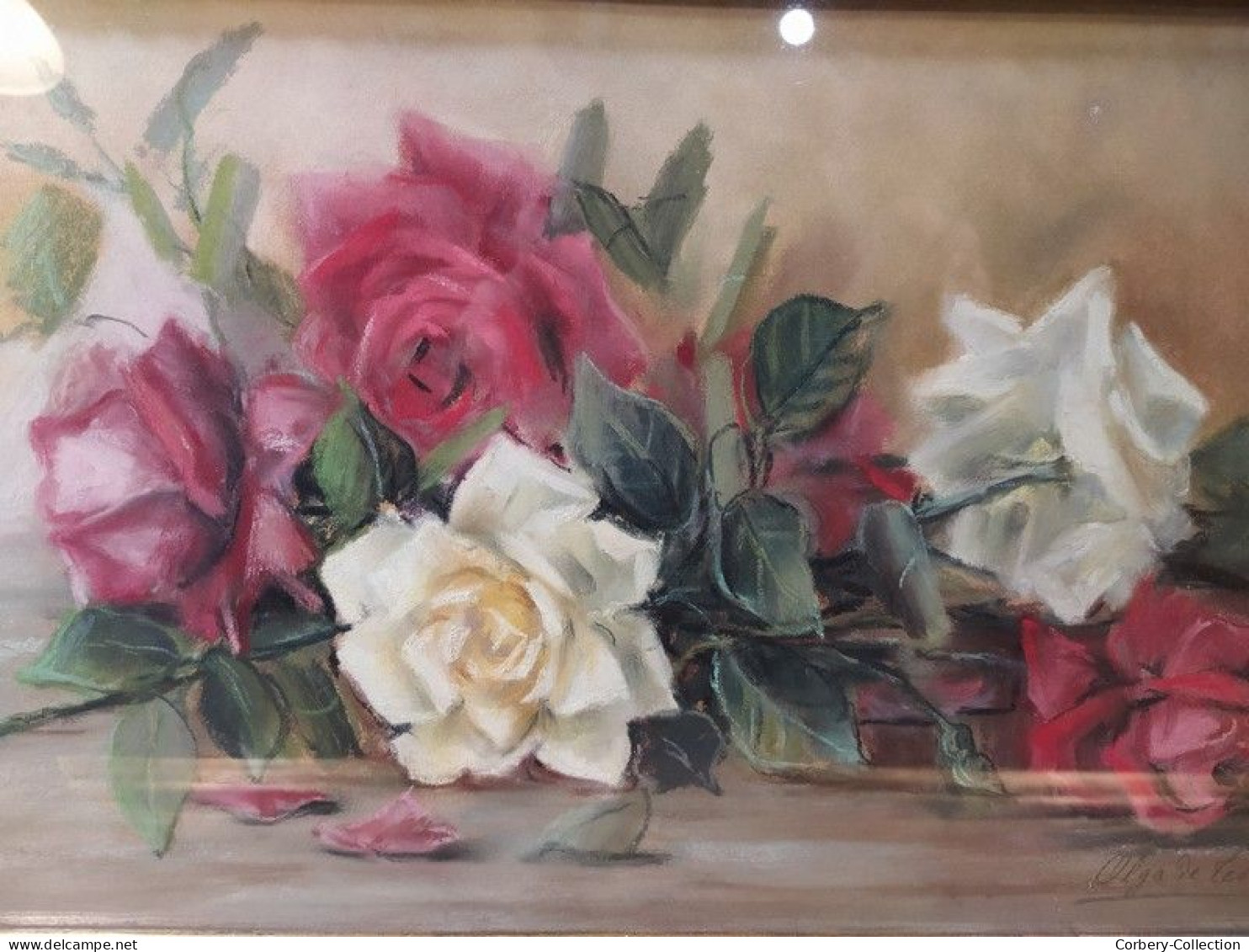 OLGA DE TESSELSKY Tableau Pastel Fleurs Roses Nature Morte Peintre Russe