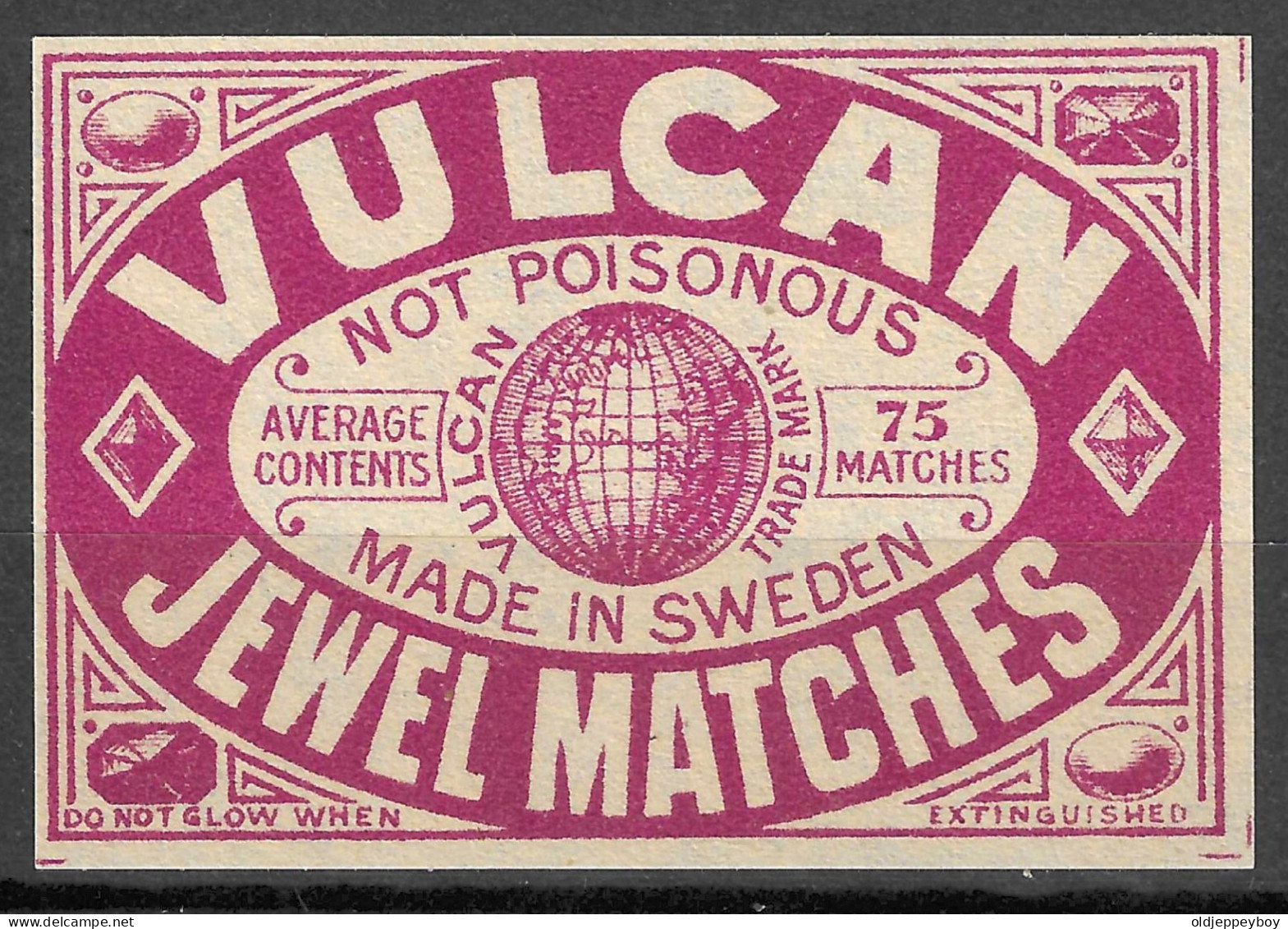  MADE  IN SWEDEN   VINTAGE Phillumeny MATCHBOX LABEL VULCAN JEWEL MATCHES  6.5  X 4.5 CM  RARE - Luciferdozen - Etiketten