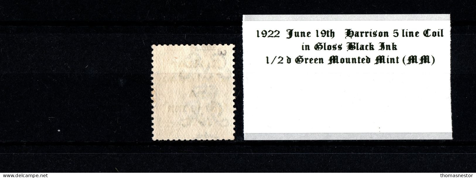 1922 June 19th Harrison 5 Line Coil 1/2 D Green Mounted Mint (MM) - Unused Stamps