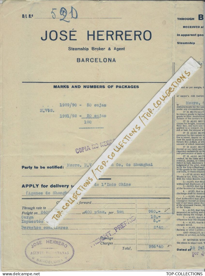 NAVIGATION 1919 BILL OF LADING CONNAISSEMEN ENTETE José Herrero Barcelona Espagne Transport De Vin  => Shanghai Chine - 1900 – 1949