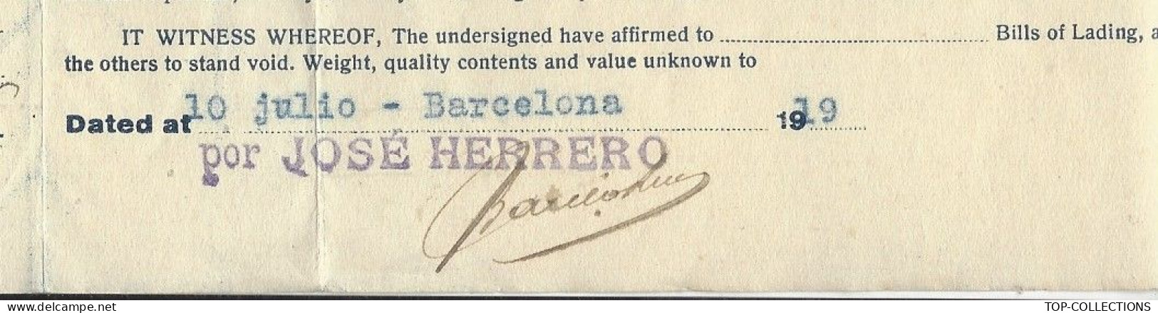 NAVIGATION 1919 BILL OF LADING CONNAISSEMEN ENTETE José Herrero Barcelona Espagne Transport De Vin  => Shanghai Chine - 1900 – 1949