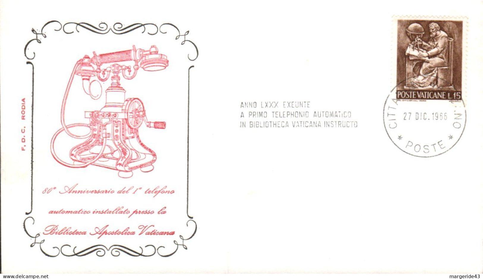 VATICAN 1966 PREMIER TELEPHONE AUTOMATIQUE A LA BIBLIOTHEQUE APOSTOLIQUE - Télécom